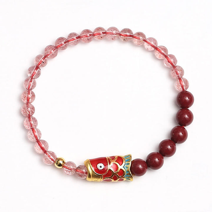 Buddha Stones Naturalny Kwarc Truskawkowy Cynober Lucky Koi Fish Healing Bransoletka