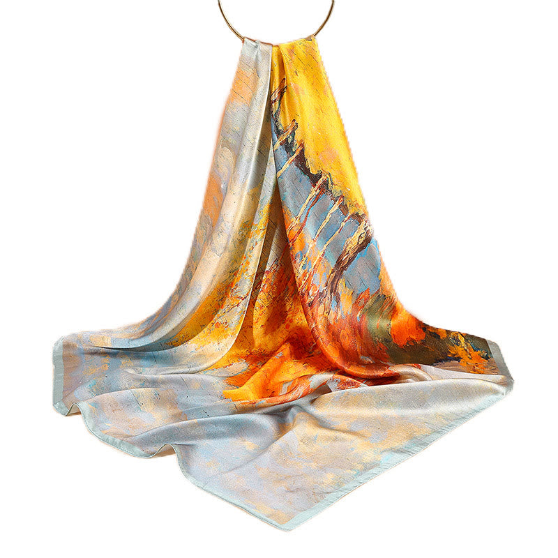 Buddha Stones Obraz olejny Miasto Śnieżna Scena Zamek Lotos 100% Jedwab Morwowy Chusta na szyję - image 4