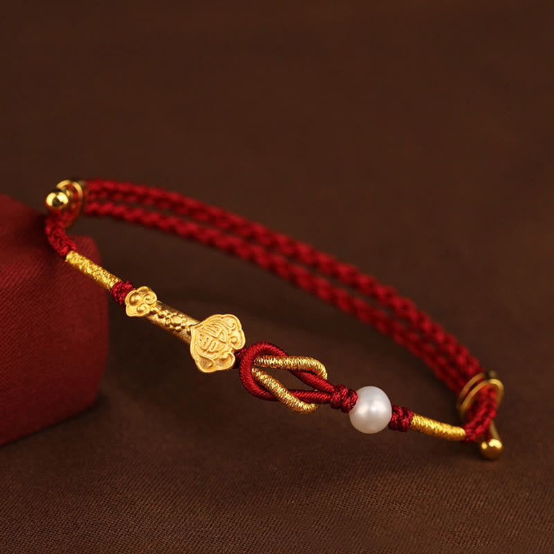 Buddha Stones 24K Złoty Uchwyt Życzenia Ruyi Fu Charakter Królik Perła Szczęście Bransoletka Pleciona - Złota rękojeść Wish Ruyi z perłą Fu Character (obwód nadgarstka 14-19 cm) wykonana z 24-karatowego złota - image 0