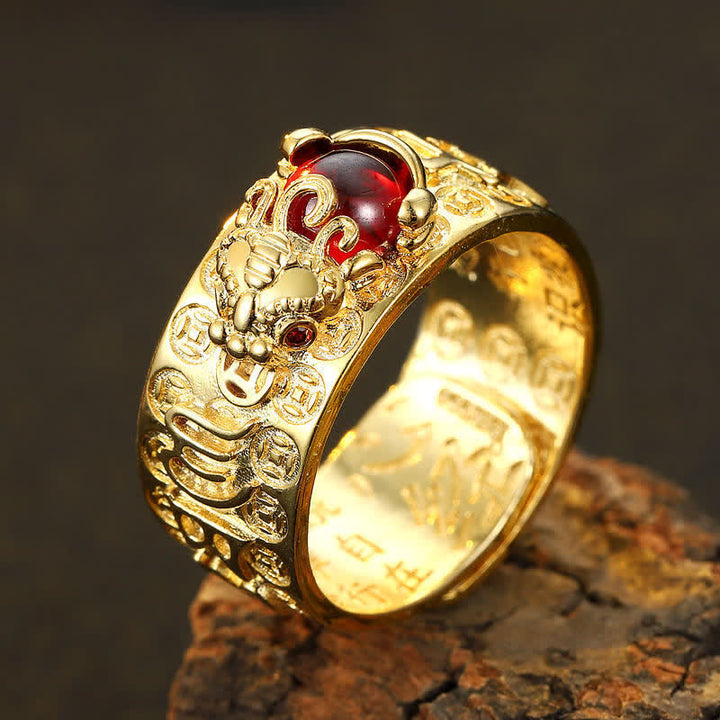 Buddha Stones FengShui PiXiu Czerwony Granat Serce Sutra Pierścień Bogactwa