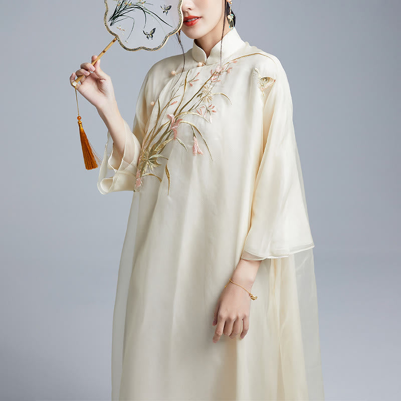 Buddha Stones 100% jedwab morwowy 6 Momme Sukienka Vintage Flower Butterfly Haft Qipao Sukienka damska Cheongsam - image 4