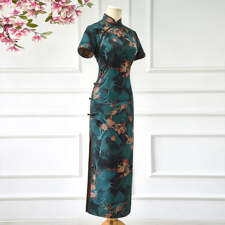 Buddha Stones Vintage Różowe Kwiaty Drukuj Cheongsam Sukienka Damska Qipao - image 1
