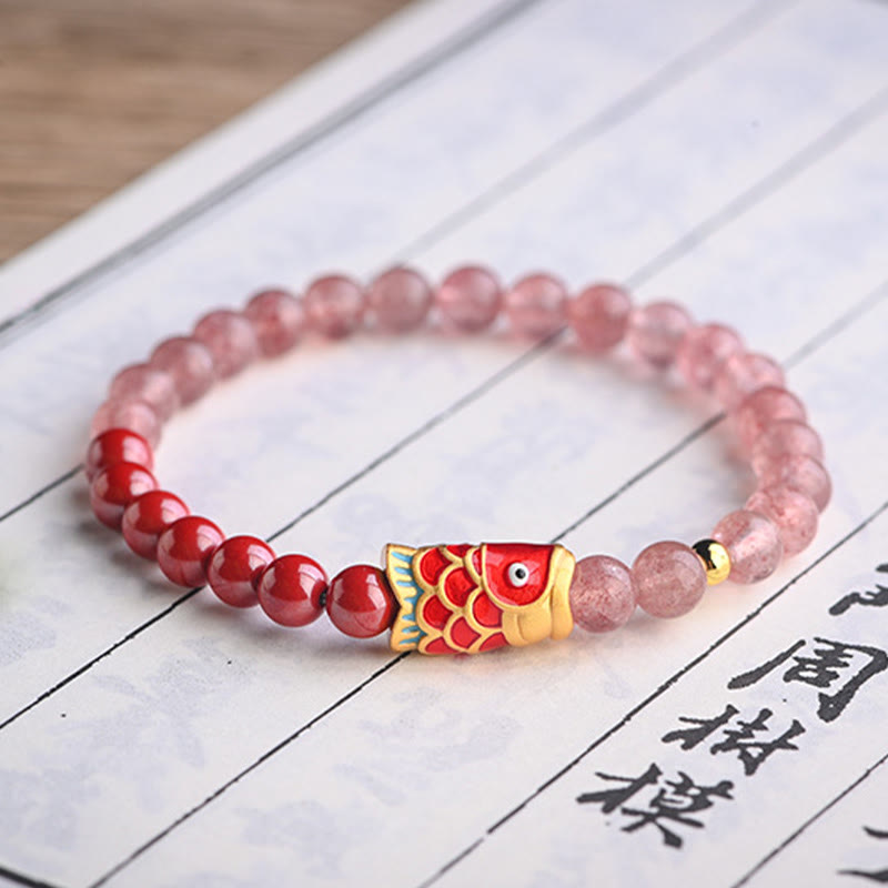 Buddha Stones Naturalny Kwarc Truskawkowy Cynober Lucky Koi Fish Healing Bransoletka