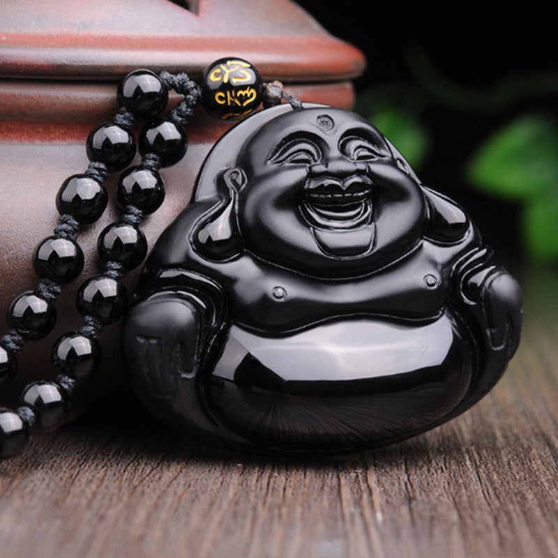 Naszyjnik z Buddha Stones Śmiejący się Budda Czarny Obsydian Transformacja - image 2