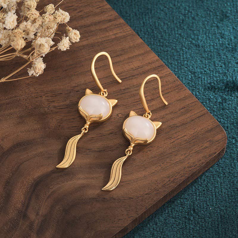 Kolczyki FengShui White Jade Fox Fortune