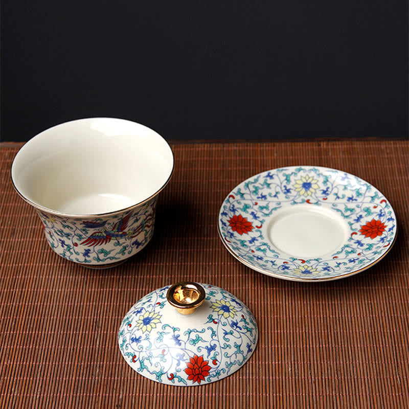 Buddha Stones Retro Śliwkowy Kwiat Sosna Bambus Feniks Kirin Ceramiczny Gaiwan Sancai Filiżanka do herbaty Kung Fu Filiżanka do herbaty i spodek z pokrywką
