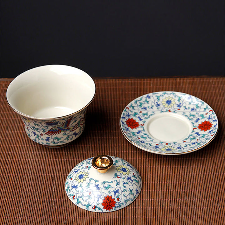 Buddha Stones Retro Śliwkowy Kwiat Sosna Bambus Feniks Kirin Ceramiczny Gaiwan Sancai Filiżanka do herbaty Kung Fu Filiżanka do herbaty i spodek z pokrywką
