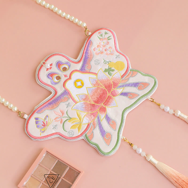 Buddha Stones Szczęście Haft Lotos Koi Ryba Królik Kwiat Hanfu Torba Crossbody Torba na Ramię