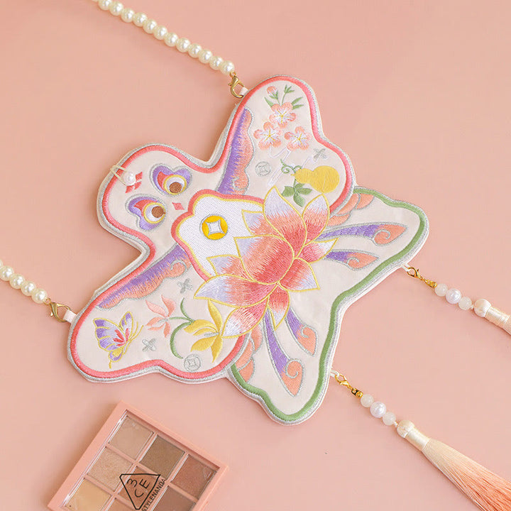 Buddha Stones Szczęście Haft Lotos Koi Ryba Królik Kwiat Hanfu Torba Crossbody Torba na Ramię