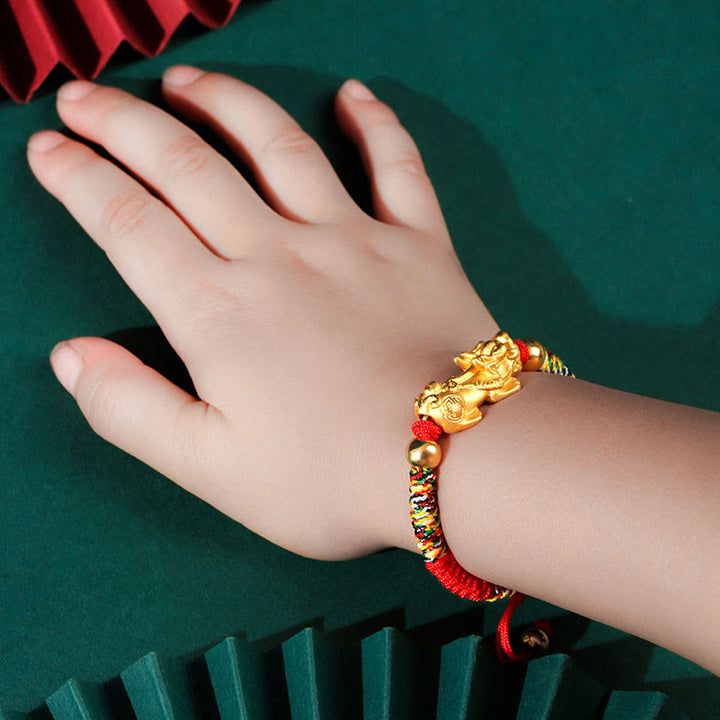 Buddha Stones 999 Srebro Sterlingowe PiXiu Wealth King Kong Knot String Braided Bransoletka dla dzieci i młodzieży - Srebro próby 999, Złoty PiXiu - Kolorowa lina (rozmiar bransoletki 12+4 cm) - image 1