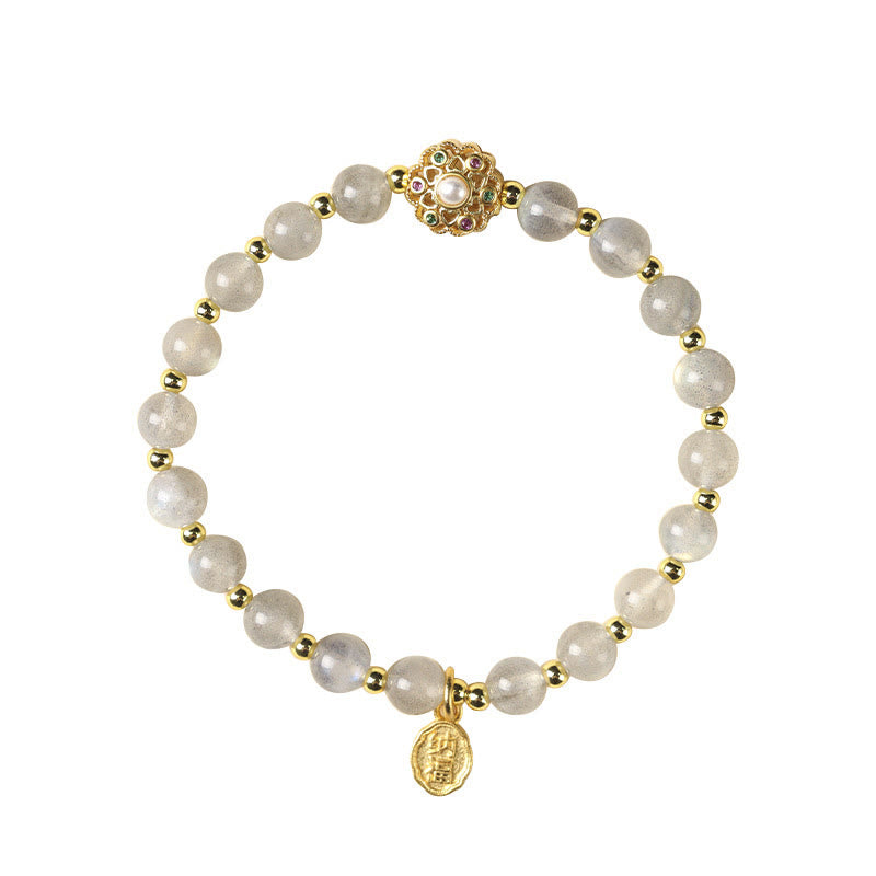 Buddha Stones 14K pozłacane Naturalny Kwarc Truskawkowy Labradoryt Kamień Słoneczny Fu Charakter Pozytywny Charm Bransoletka