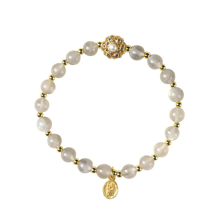 Buddha Stones 14K pozłacane Naturalny Kwarc Truskawkowy Labradoryt Kamień Słoneczny Fu Charakter Pozytywny Charm Bransoletka