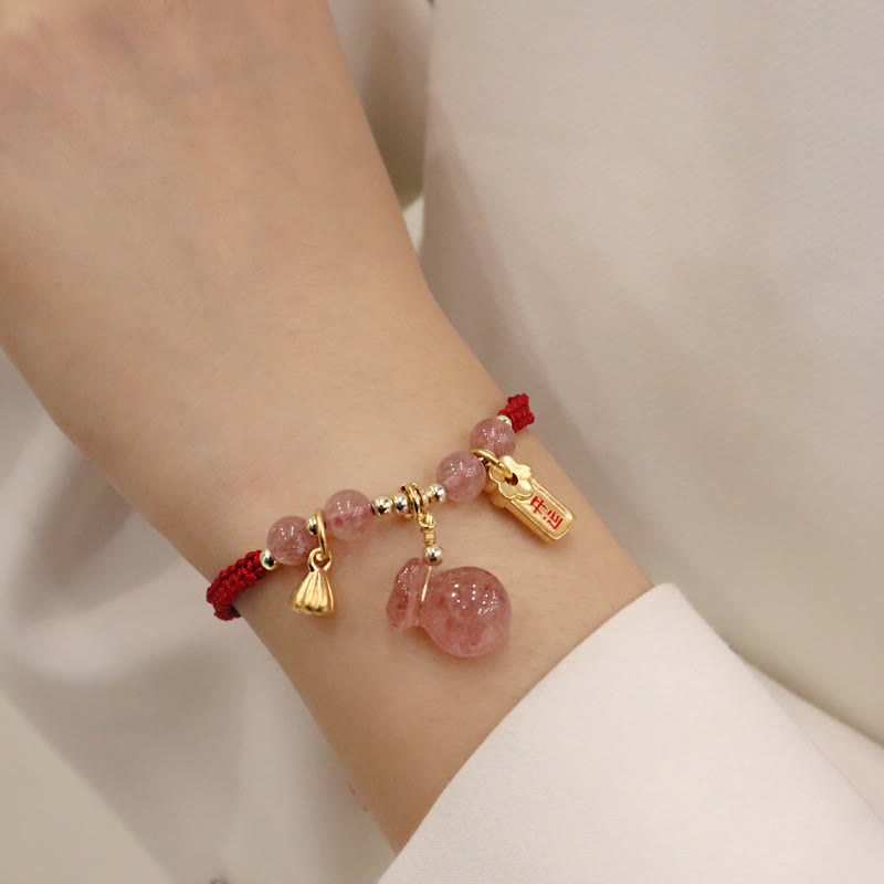 Buddha Stones Naturalny Kwarc Truskawkowy Worek Pieniędzy Lotos Uzdrawiający Charm Czerwony Sznurek Bransoletka Pleciona