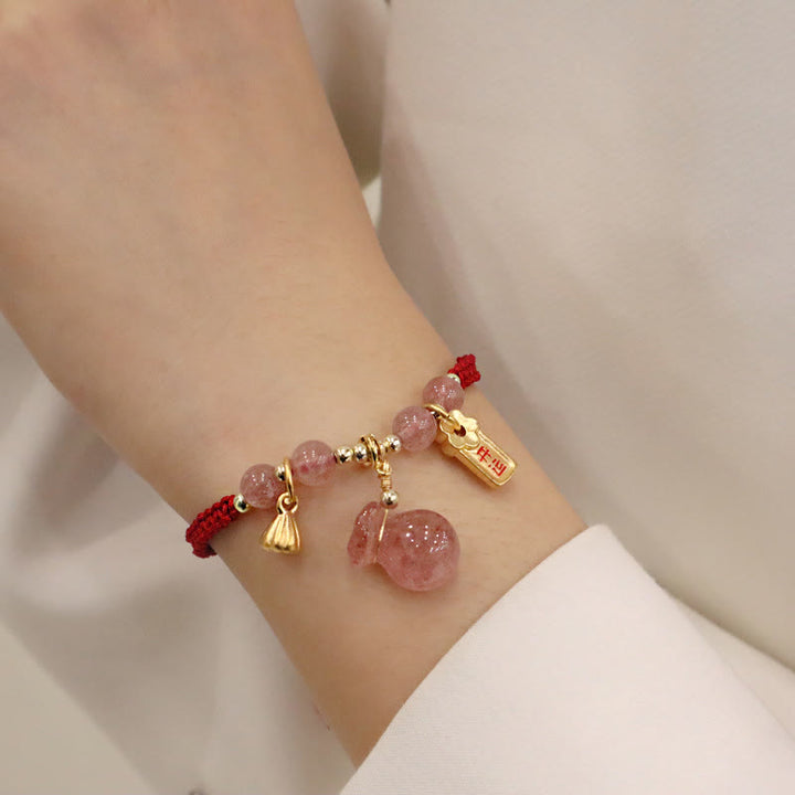 Buddha Stones Naturalny Kwarc Truskawkowy Worek Pieniędzy Lotos Uzdrawiający Charm Czerwony Sznurek Bransoletka Pleciona