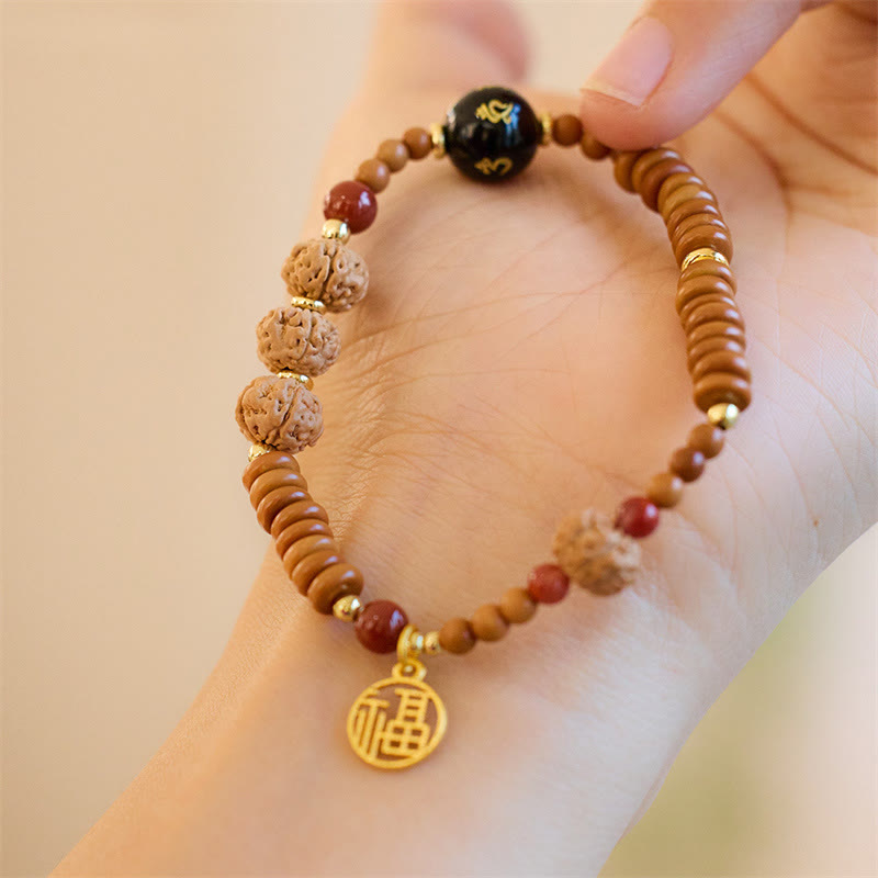 Buddha Stones Tybetańskie Nasiona Bodhi Czarny Onyks Dymny Kwarc Om Mani Padme Hum Fu Charakter Bransoletka Bogactwa