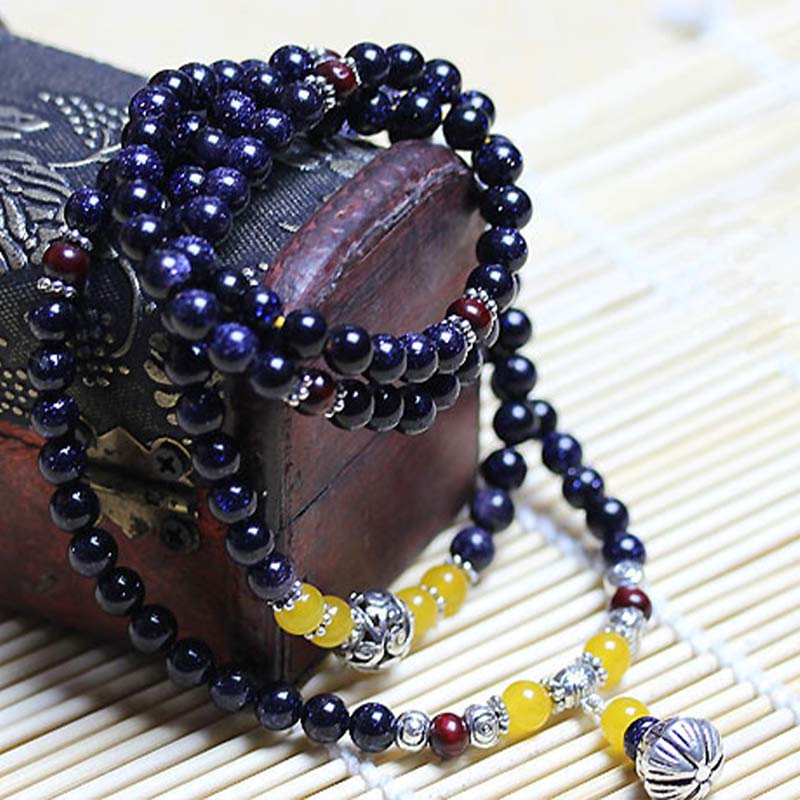 Bransoletka z zawieszkami bogactwa z niebieskiego piaskowca i Buddha Stones Mala
