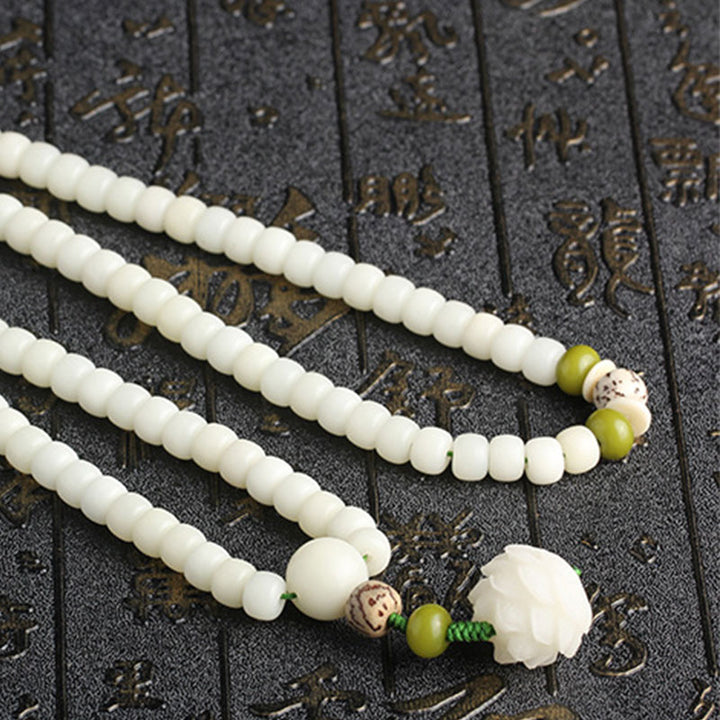 Buddha Stones Biały Jadeit Bodhi Lotus Mala Harmony Naszyjnik Bransoletka