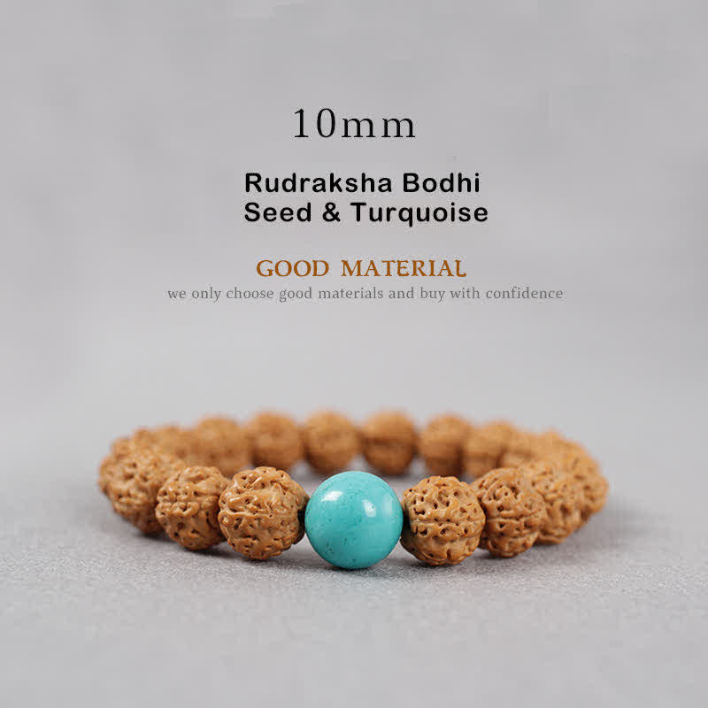 Buddha Stones Tybet Rudraksha Bodhi Nasiona Dzi Koralik Bursztyn Turkus Bransoletka Bogactwo - 10 mm - Nasiona Rudraksha Bodhi i turkus - image 13