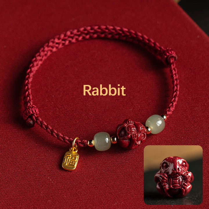 Buddha Stones Naturalny Cynober Chiński Zodiak Hetian Jade Fu Charakter Szczęścia Bransoletka Lina