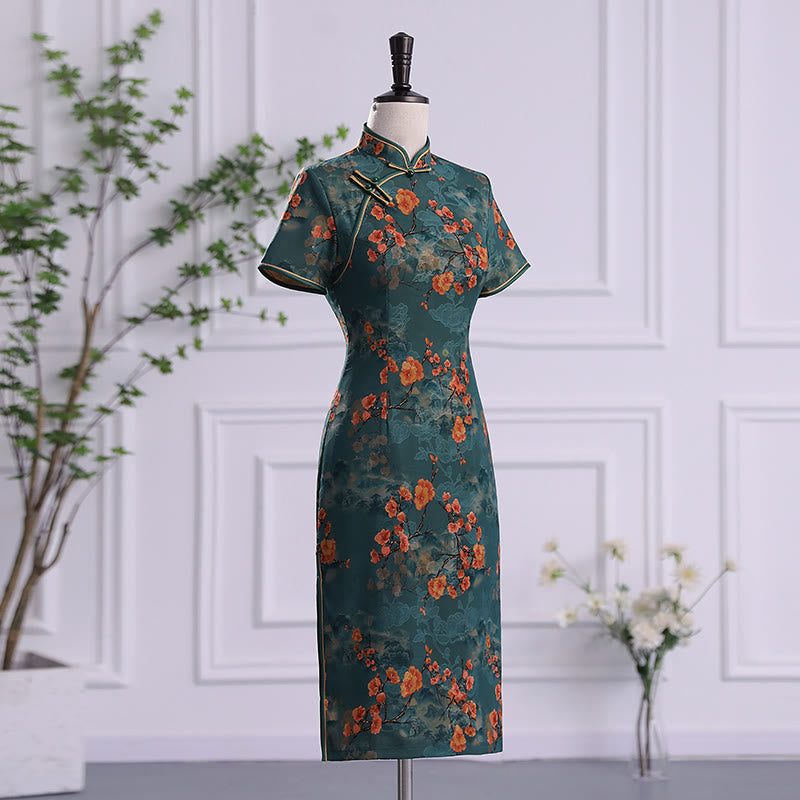 Buddha Stones Retro Kwiat Lotos Piwonia Pióro Druk Qipao Sukienka Damska Cheongsam Sukienka - image 1