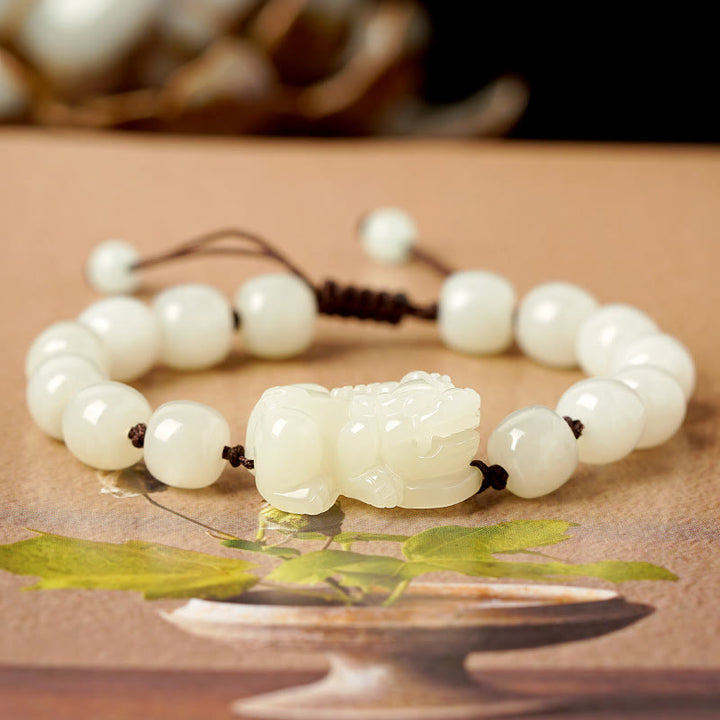 Bransoletka z naturalnego białego jadeitu PiXiu Wealth Stones z Buddha Stones