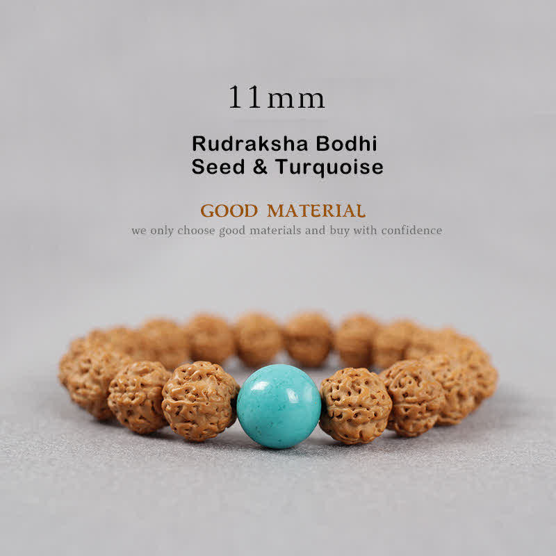 Buddha Stones Tybet Rudraksha Bodhi Nasiona Dzi Koralik Bursztyn Turkus Bransoletka Bogactwo - 11 mm - Nasiona Rudraksha Bodhi i turkus - image 19