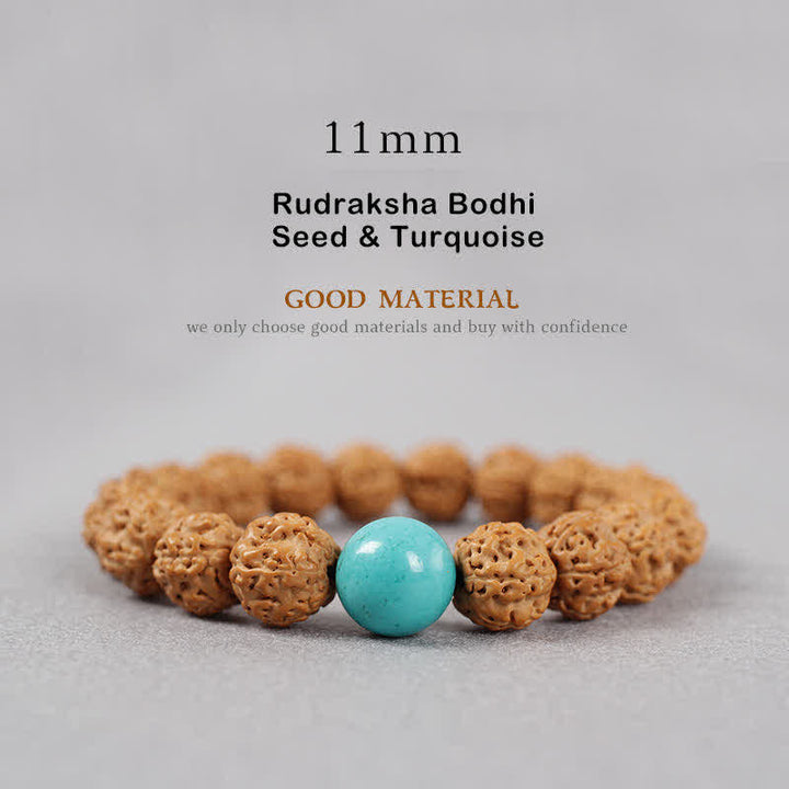 Buddha Stones Tybet Rudraksha Bodhi Nasiona Dzi Koralik Bursztyn Turkus Bransoletka Bogactwo - 11 mm - Nasiona Rudraksha Bodhi i turkus - image 19