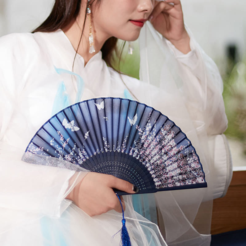 Buddha Stones Kwiaty Ręczny Składany Wentylator Bambusowy