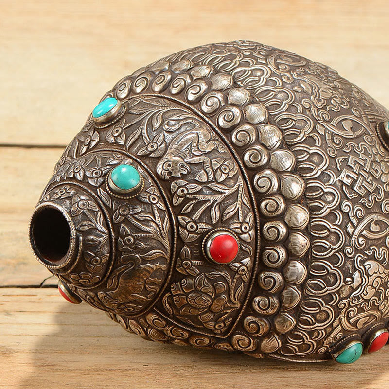 Tybetańska ręcznie robiona naturalna Shankha z ośmioma pomyślnymi symbolami, muszla Conch, szczęśliwa dekoracja domu
