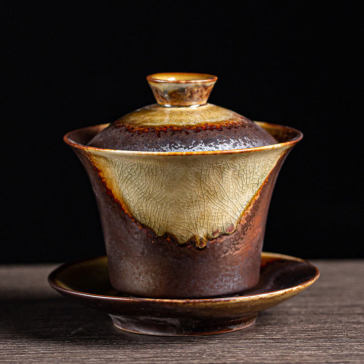 Buddha Stones Vintage Brązowy Piec Zmiana Projektu Porcelana Ceramiczna Gaiwan Sancai Filiżanka Kung Fu Filiżanka I Spodek Z Pokrywką