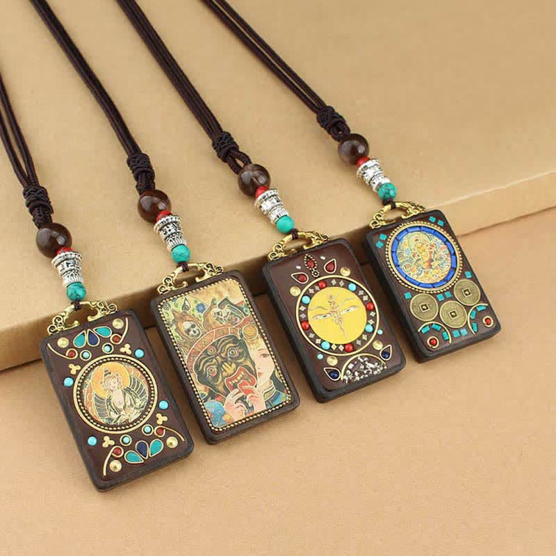 Buddha Stones Tybet Bóg Bogactwa Thangka Ebony Naszyjnik Pokój Wisiorek