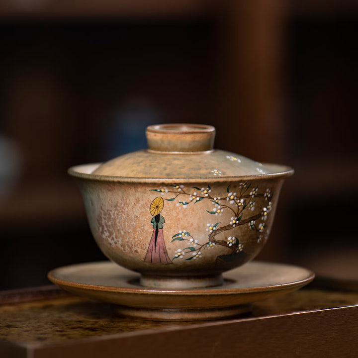 Buddha Stones Jingdezhen Malowana ręcznie porcelana Ru Kiln Hanfu Dziewczyna Kwiat Ceramiczny Gaiwan Sancai Filiżanka Kung Fu Filiżanka I Spodek Z Pokrywką