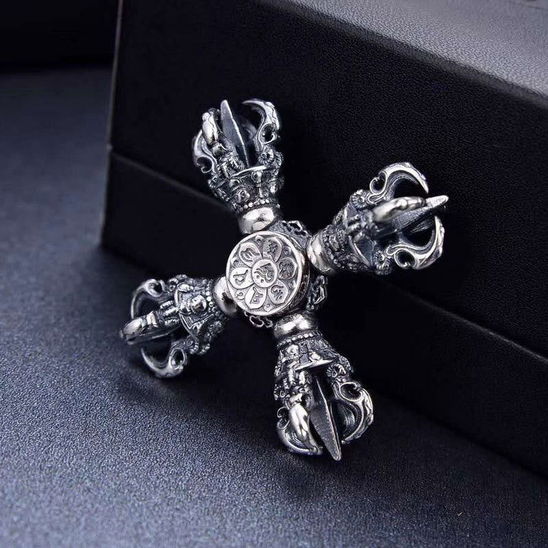 Buddha Stones Tybetańskie 925 Srebro Podwójne Dorje Wadżra Grawerowane Wisiorki Mocy Duchowej - image 5