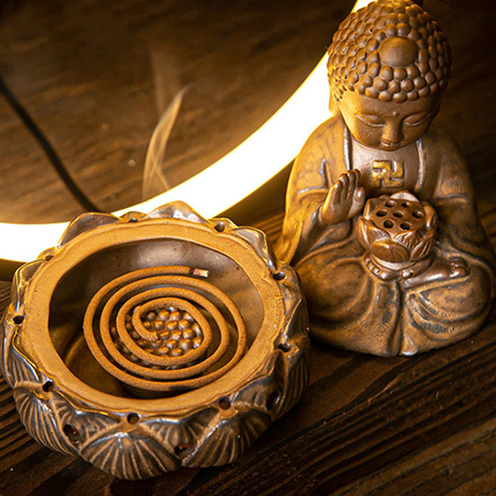 Buddha Stones Budda Lotos Cofający Dym Fontanna Ceramiczny Błogosławieństwo Kadzielnica Z Dekoracją Światła