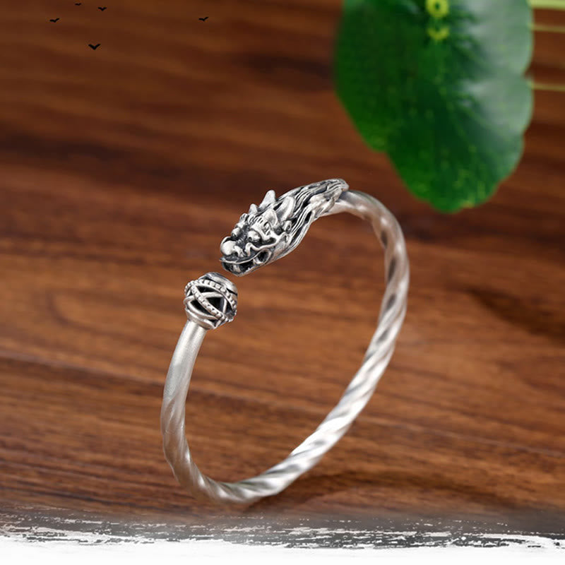 Buddha Stones 999 Srebro Sterling Rok Smoka Szczęście Siła Metalowa Bransoletka Mankietowa Bangle