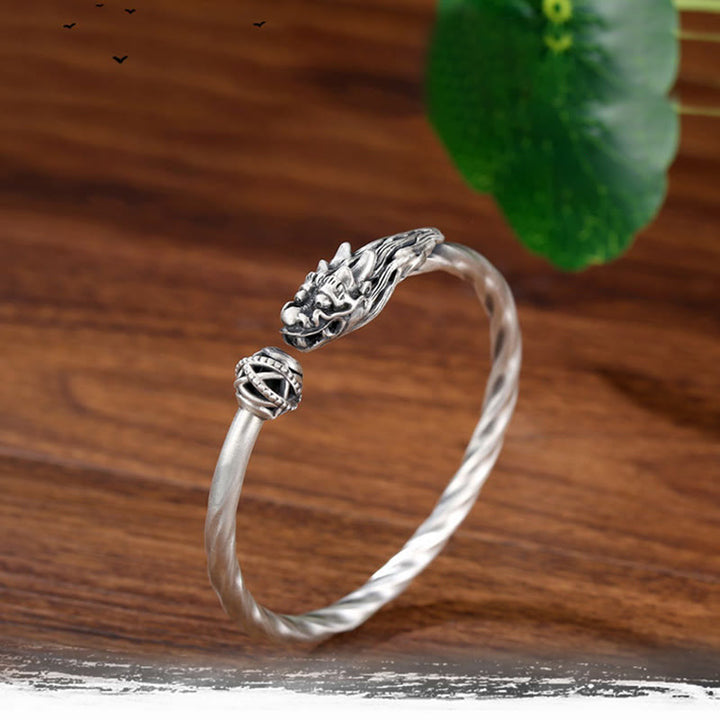 Buddha Stones 999 Srebro Sterling Rok Smoka Szczęście Siła Metalowa Bransoletka Mankietowa Bangle