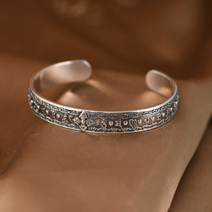 Buddha Stones 925 Srebro Sterlingowe Om Mani Padme Hum Podwójna Dorje Grawerowana Mądrość Bransoletka Mankiet Bangle