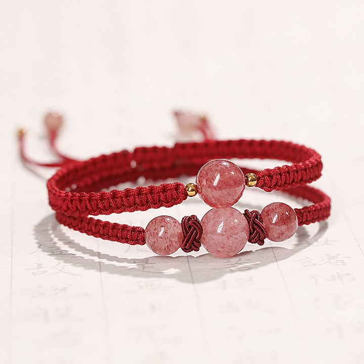 Buddha Stones Naturalny Kryształ Kwarcowy Truskawkowy Miłość Czerwona Bransoletka Tkana Sznurkiem Anklet