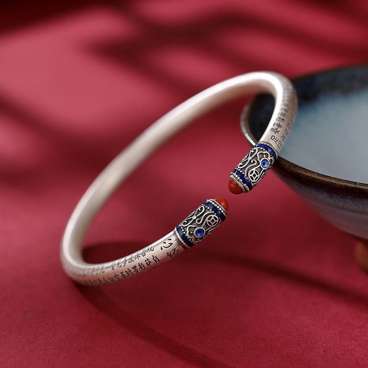 Buddha Stones 999 Srebro Sterlingowe Sutra Serca Grawerowana Czerwona Agatowa Bransoletka Ochronna Bangle