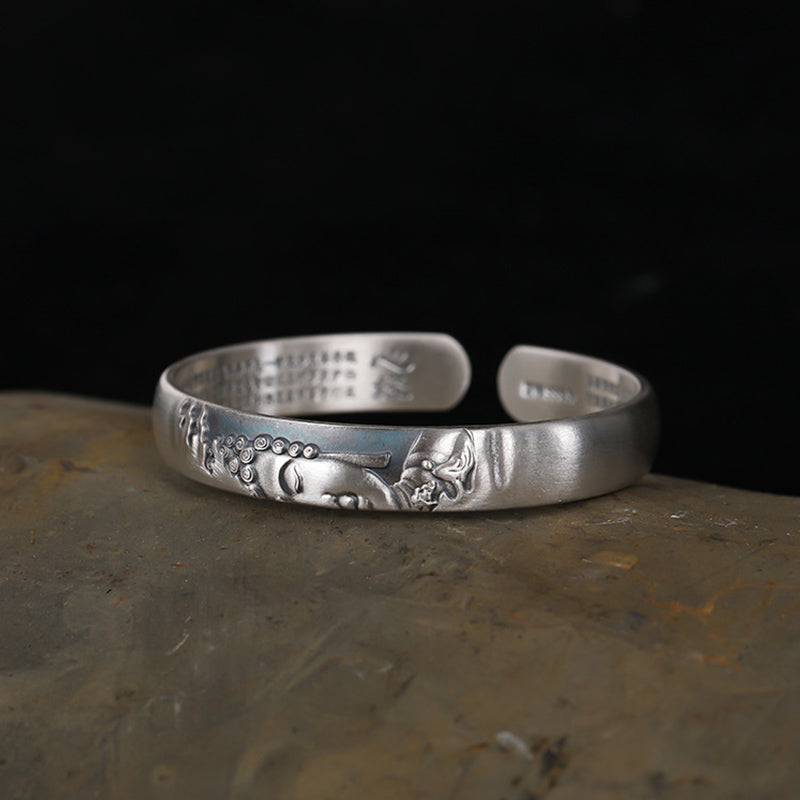Buddha Stones 999 Srebro Sterling Głowa Buddy Serce Sutra Bransoletka Spokój