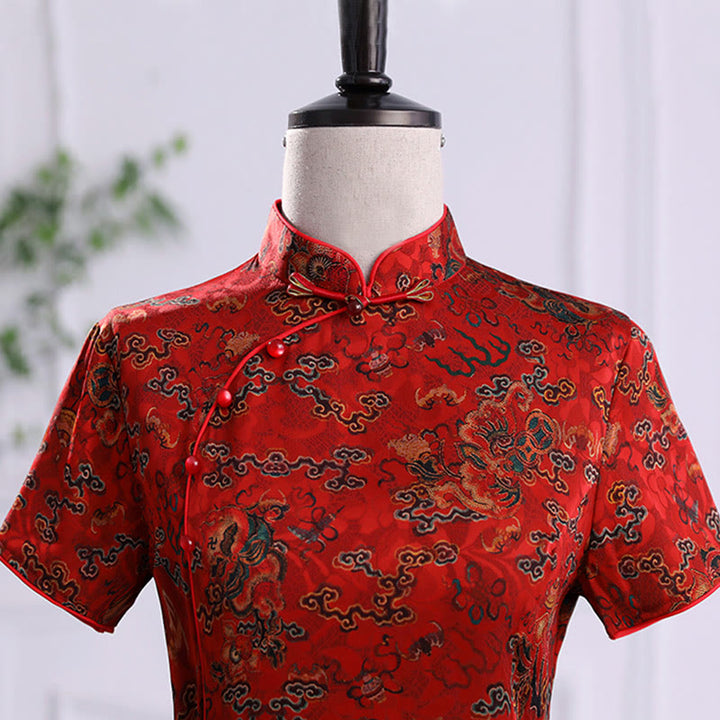Buddha Stones Vintage Pomyślne Chmury Liście Drukuj Cheongsam Sukienka Damska Qipao - image 11