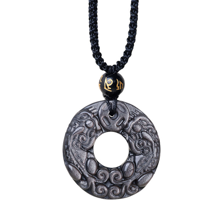 Buddha Stones Naturalny Srebrny Połysk Obsydian Podwójny PiXiu Miedziana Moneta Pokój Klamra Ochrona Naszyjnik Wisiorek - image 9