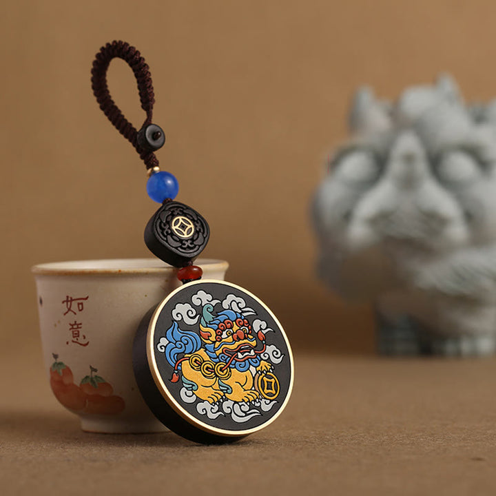 Buddha Stones PiXiu Miedziana Moneta Drewno Hebanowe Szczęście Przyciąga Bogactwo Brelok Dekoracja