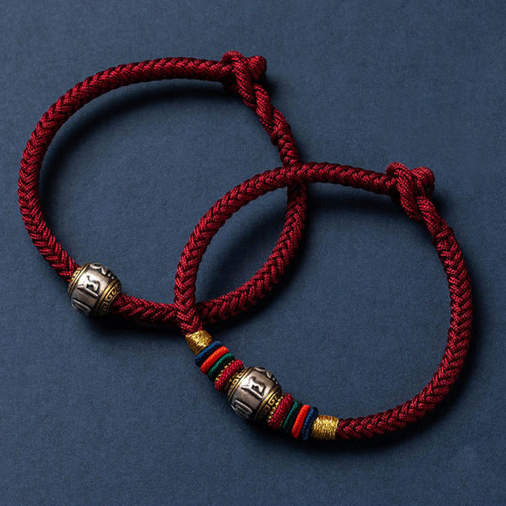 Buddha Stones 925 Srebro Sterlingowe Tybet Ręcznie Robione Om Mani Padme Hum Ochrona Szczęścia Bransoletka King Kong Knot Braided