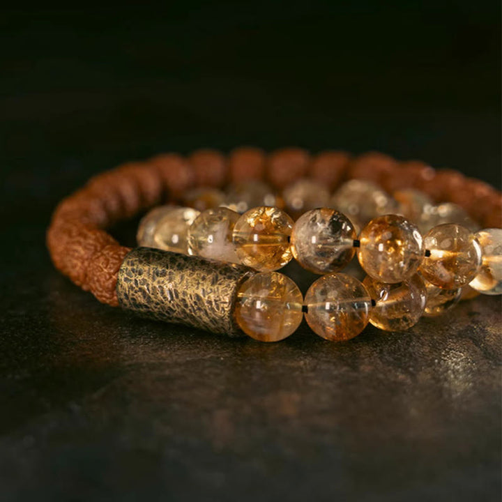 Buddha Stones Naturalny Kryształ Cytrynu Rudraksha Bodhi Nasiona Mosiężne Koraliki Dobrobytu Podwójnie Owijana Bransoletka