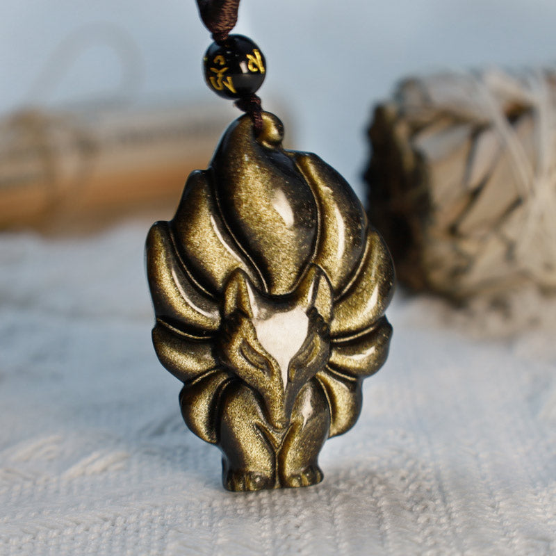 Buddha Stones Naturalny Tęczowy Obsydian Złoty Połysk Obsydian Dziewięcioogonowy Lis Pozytywny Naszyjnik Wisiorek