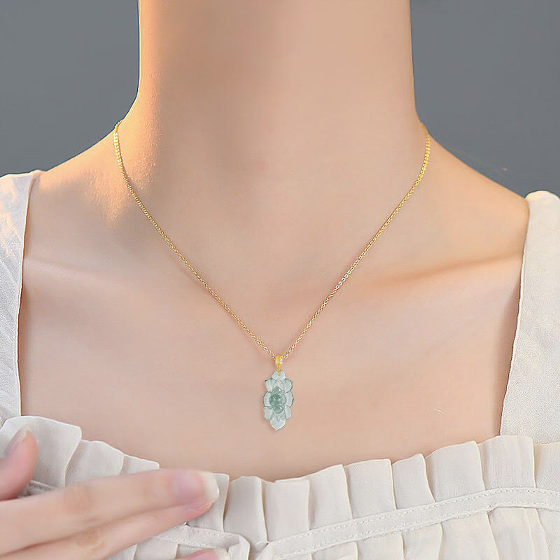 Buddha Stones 18K Złoto Naturalny Jadeit Wzór Lotosu Naszyjnik Wisiorek Dobrobyt - image 6
