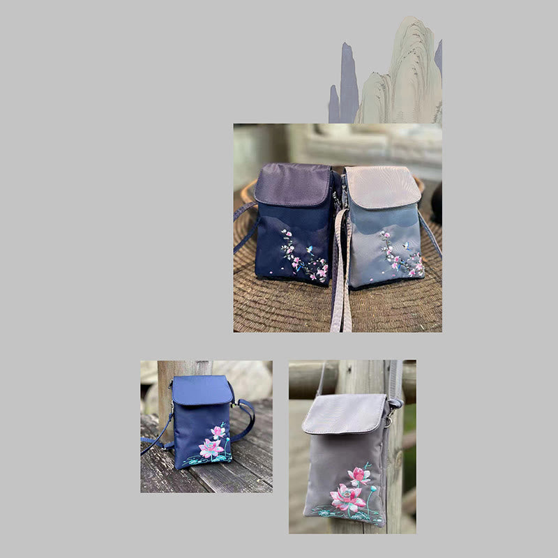 Buddha Stones Wodoodporna Ręcznie Haftowane Kwiaty Lotosu Torba Crossbody Torba Na Ramię Torba Na Telefon Komórkowy