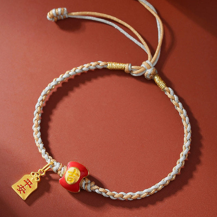 Buddha Stones 925 Srebro Sterling Ręcznie robione Pomyślne Chińskie Znaki Błogosławieństwa Bransoletka z Plecionego Sznurka