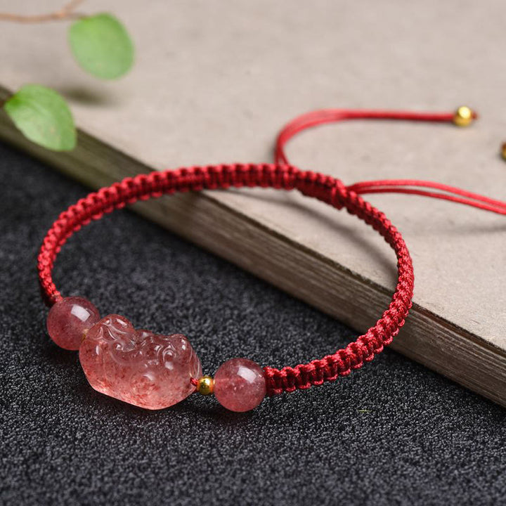Buddha Stones Naturalny Kwarc Truskawkowy PiXiu Bransoletka Szczęścia Czerwony Sznurek